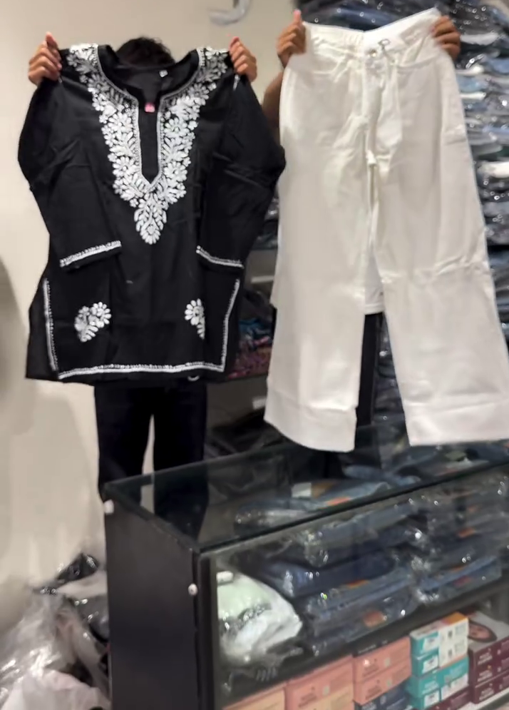 🖤🤍 Elegant Embroidered Ethnic Tunic Top with Wide Leg Pants Co-Ord Set for Women | Traditional Casual & Festive Fashion Outfit