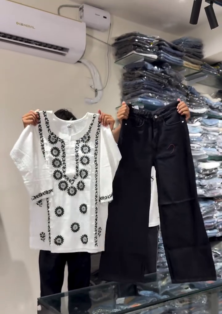 🖤🤍 Elegant Embroidered Ethnic Tunic Top with Wide Leg Pants Co-Ord Set for Women | Traditional Casual & Festive Fashion Outfit