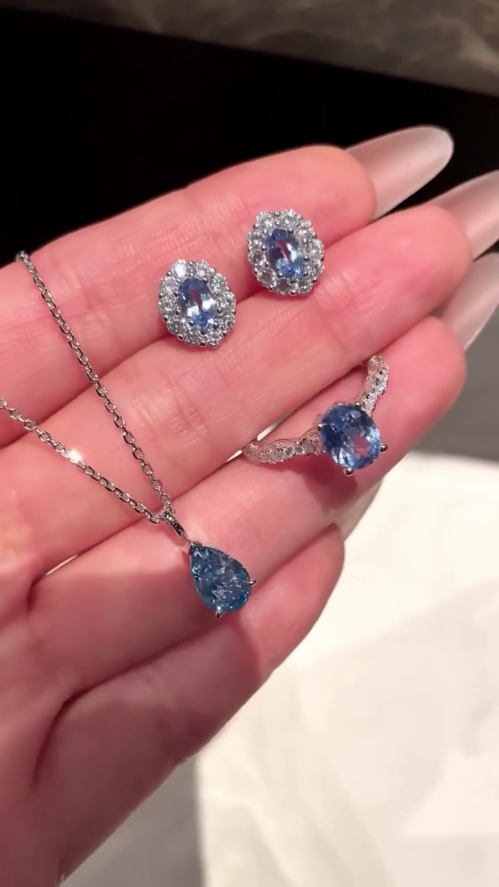 💎🩵 Celestial Sapphire Luxury Jewelry Gift Set – Premium Crystal Halo Stud Earrings, Solitaire Ring & Teardrop Pendant Necklace Collection for Women ✨👑