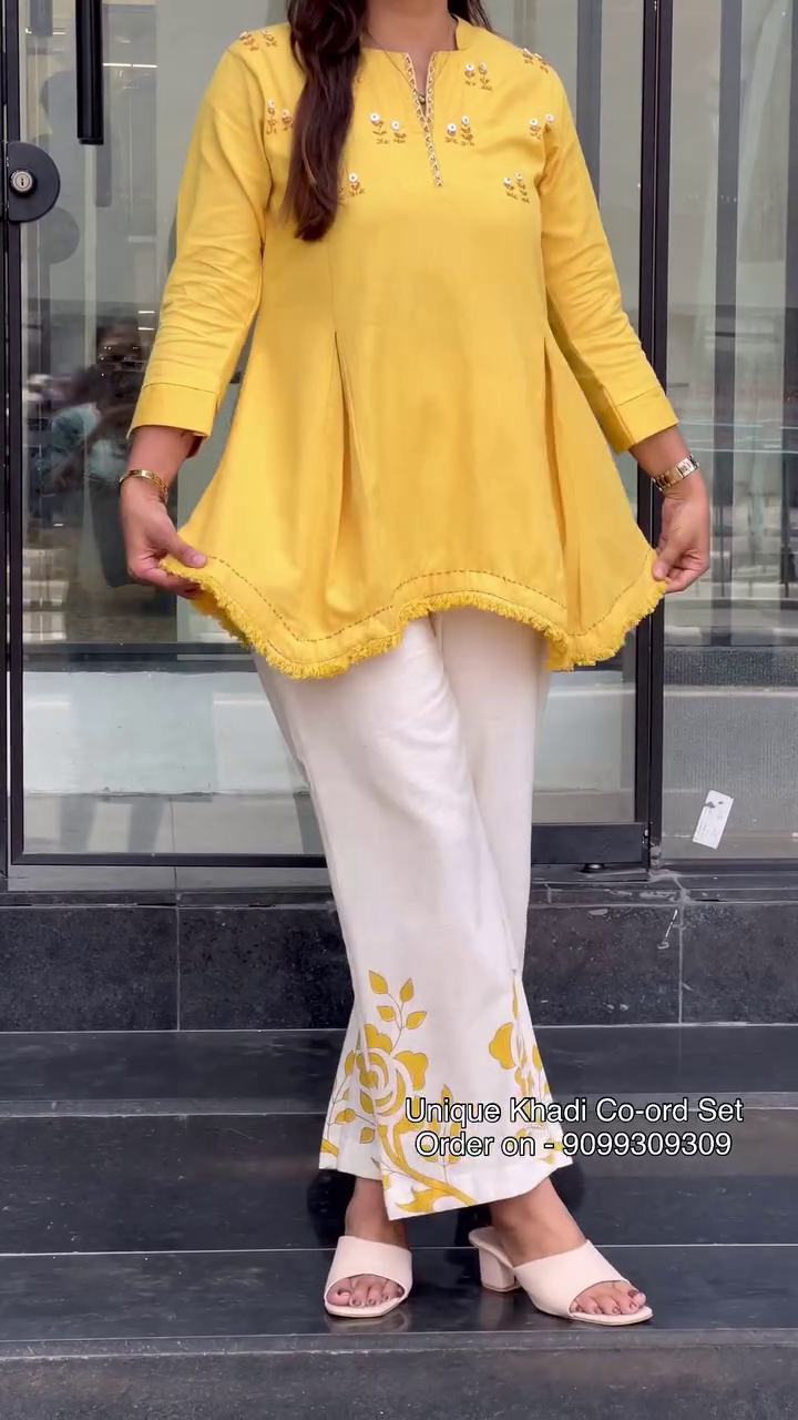 💜🌿 Women's Premium Khadi Inspired Embroidered Asymmetrical Kurti with Designer Wide Leg Palazzo Co-Ord Set