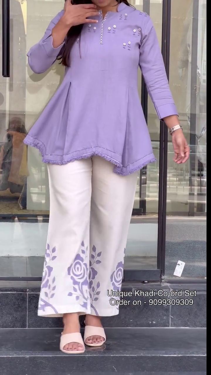 💜🌿 Women's Premium Khadi Inspired Embroidered Asymmetrical Kurti with Designer Wide Leg Palazzo Co-Ord Set