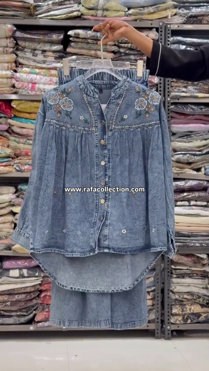 💙🌼 Women's Premium Embroidered Denim Shirt with Matching Relaxed Fit Bottom Co-Ord Set for Chic Everyday Fashion
