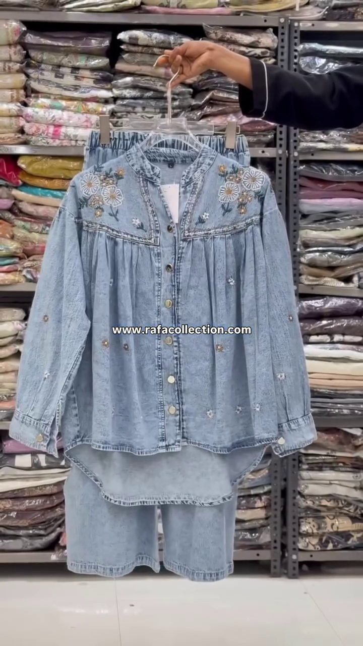 💙🌼 Women's Premium Embroidered Denim Shirt with Matching Relaxed Fit Bottom Co-Ord Set for Chic Everyday Fashion