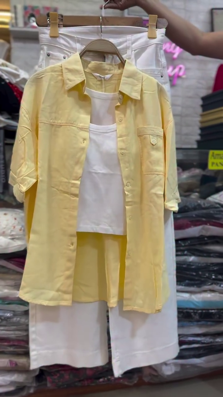 💛✨ Women's Premium Three-Piece Sunshine Yellow Layered Co-Ord Set with Oversized Shirt, Classic Inner Top, and Wide-Leg Palazzo Pants