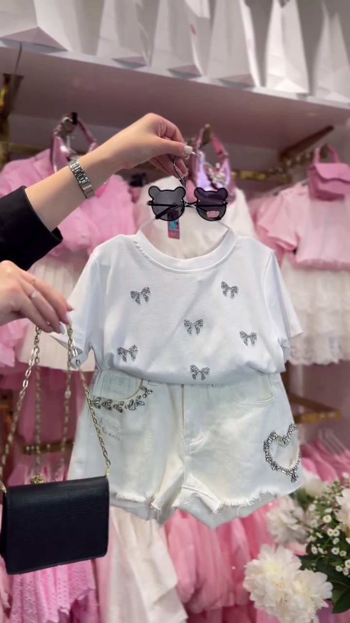 🎀 Cute Bow Embellished White Top and Denim Shorts Fashion Set for Girls 🎀👚🩳