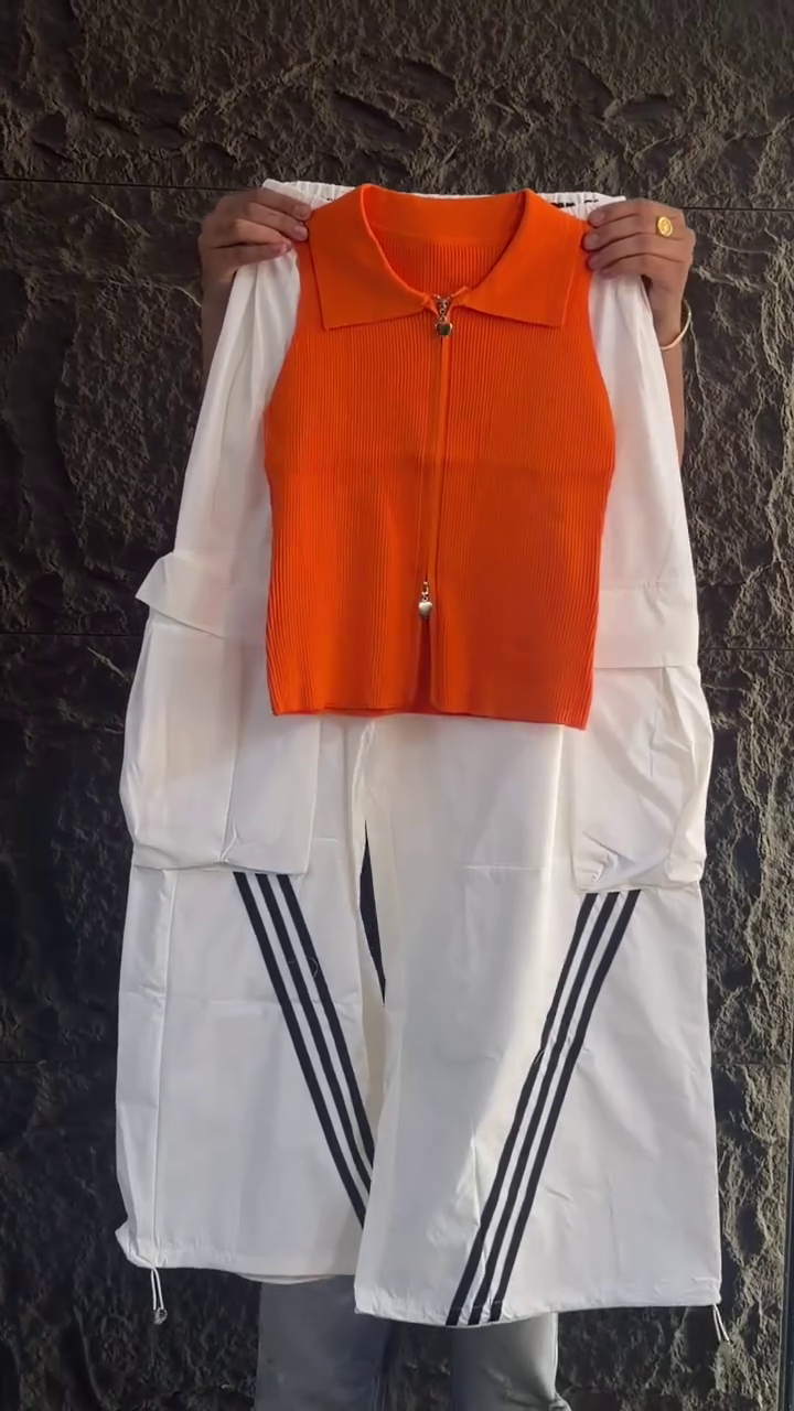 🧡 1. Premium Orange Ribbed Zip-Up Knit Top with White Utility Cargo Co-Ord Set for Women 🧡🤍✨