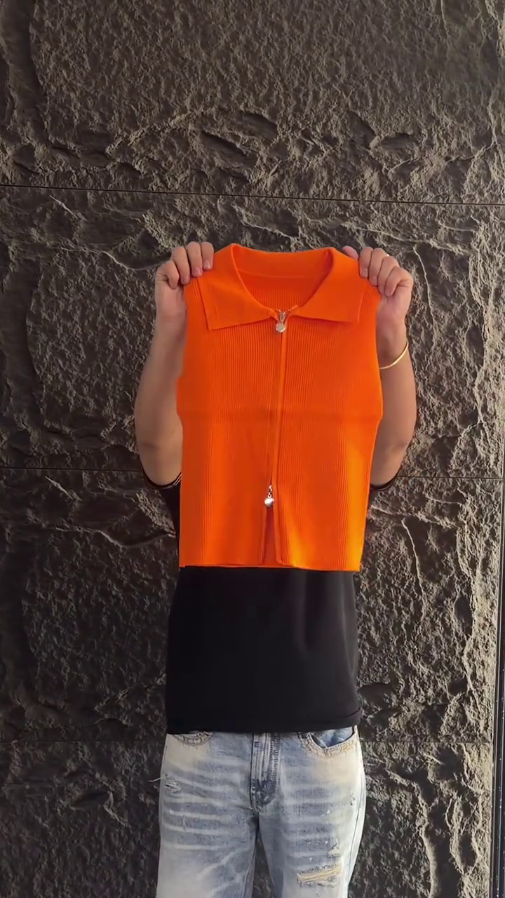 🧡 1. Premium Orange Ribbed Zip-Up Knit Top with White Utility Cargo Co-Ord Set for Women 🧡🤍✨
