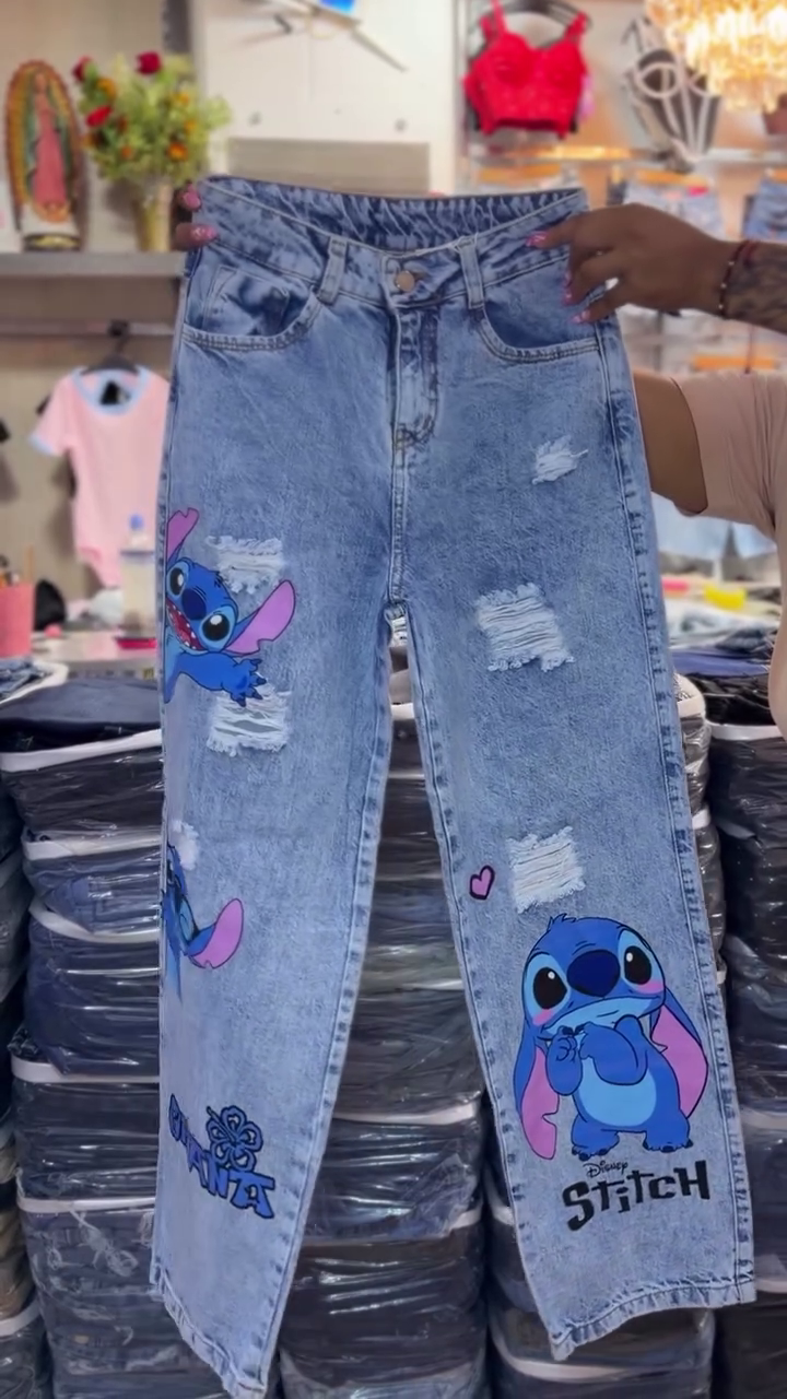 👖  Premium Cute Character Inspired Distressed Wide-Leg Denim Jeans – Trendy High-Waist Casual Street Style Pants 💙🌸