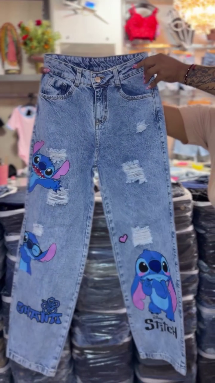 👖  Premium Cute Character Inspired Distressed Wide-Leg Denim Jeans – Trendy High-Waist Casual Street Style Pants 💙🌸