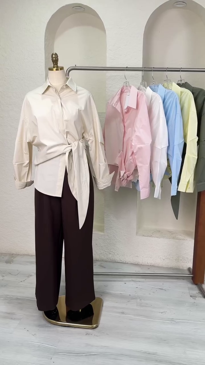 🤍 Premium Women's Elegant Tie-Waist Oversized Button-Up Shirt – Chic Long Sleeve Casual & Office Wear Top Collection ✨🌸