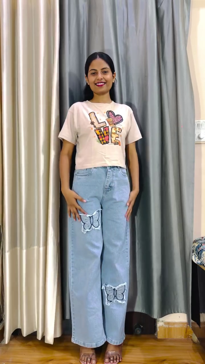 👖 Butterfly Patch Wide-Leg Denim Jeans for Women | Trendy High-Waist Casual Jeans